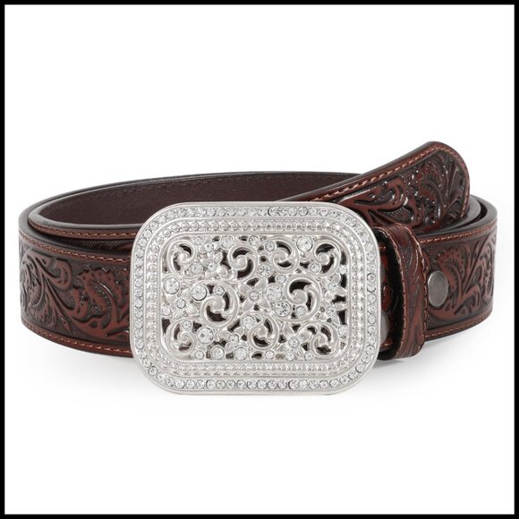 Western Genuine Leather Belt Floral Engraved Tooled Embossed Scrollwork main image 4